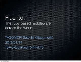 Fluentd:
      The ruby based middleware
      across the world

      TAGOMORI Satoshi (@tagomoris)
      2013/01/14
      TokyoRubyKaigi10 #tkrk10


13年1月14日月曜日
 