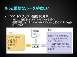 もっと柔軟なルータが欲しい

● イベントスクリプト機能 開発中
 ○ SEILの機能をmrubyスクリプトから操作
 ○ 経路障害、インタフェースのUp/Downなどのイベントをト
   リガになる
 