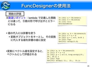 20
•
•
※ In [10]: a = fd.oovar()
In [12]: f = fd.sin(a)
In [13]: f(1)
AttributeError
In [20]: a, b = fd.oovars(2)
In [21]: f = a + b
In [22]: p = { a:1, b:10 }
In [23]: f(p)
Out[23]: array(11.0)
• In [30]: a, b = fd.oovars(2)
In [31]: f = a + b
In [32]: p = { a:1.0, b:np.array([10.,
20., 30.]) }
In [33]: f(p)
Out[33]: array([ 11., 21., 31.])
 
