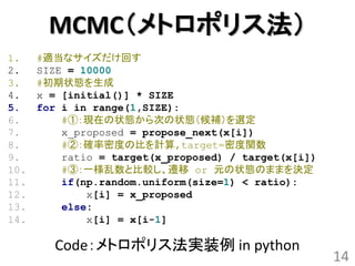 MCMC（メトロポリス法）
1.    #適当なサイズだけ回す
2.    SIZE = 10000
3.    #初期状態を生成
4.    x = [initial()] * SIZE
5.    for i in range(1,SIZE):
6.        #①：現在の状態から次の状態（候補）を選定
7.        x_proposed = propose_next(x[i])
8.        #②：確率密度の比を計算,target=密度関数
9.        ratio = target(x_proposed) / target(x[i])
10.       #③：一様乱数と比較し、遷移 or 元の状態のままを決定
11.       if(np.random.uniform(size=1) < ratio):
12.           x[i] = x_proposed
13.       else:
14.           x[i] = x[i-1]

        Code：メトロポリス法実装例 in python
                                                      14
 