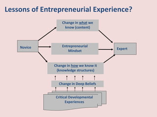 Novice Expert
Entrepreneurial
Mindset
Critical Developmental
Experiences
Change in what we
know (content)
Change in how we know it
(knowledge structures)
Change in Deep Beliefs
Lessons of Entrepreneurial Experience?
 