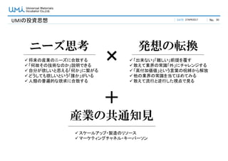 DATE No.UMIの投資思想 27APR2017 30
ニーズ思考 発想の転換
将来の産業のニーズに合致する
「何故その技術なのか」説明できる
自分が欲しいと思える「何か」に繋がる
どうしても欲しいという「誰か」がいる
人類の普遍的な欲求に合致する
「出来ない」「難しい」前提を覆す
敢えて業界の常識「外」にチャレンジする
「高付加価値」という言葉の呪縛から解放
他の業界の常識を当てはめてみる
敢えて流行と逆行した視点で見る
×
産業の共通知見
スケールアップ・製造のリソース
マーケティングチャネル・キーパーソン
＋
 