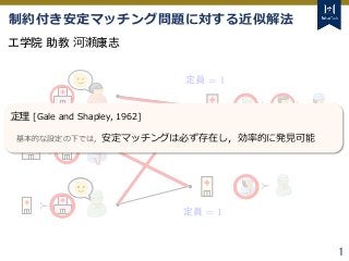 Tokyo Tech Tokyo Tech
Tokyo Tech
1
制約付き安定マッチング問題に対する近似解法
工学院 助教 河瀬康志
定理 [Gale and Shapley, 1962]
基本的な設定の下では，安定マッチングは必ず存在し，...