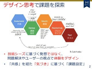 Tokyo Tech Tokyo Tech
Tokyo Tech
2
デザイン思考で課題を探索
共感
課題
設定
創造
プロト
タイプ
テスト
• 技術シーズに基づく発想ではなく、
問題解決やユーザーの視点で体験をデザイン
• 「共感」を経た「...