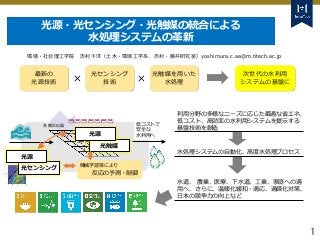 Tokyo Tech Tokyo Tech
Tokyo Tech
1
光源・光センシング・光触媒の統合による
⽔処理システムの⾰新
×
環境・社会理工学院 吉村千洋（土木・環境工学系、吉村・藤井研究室）yoshimura.c.aa@m.tite...
