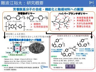 難波江裕太：研究概要
芳香族高分子の合成・機能化と触媒材料への展開
燃料電池の非白金カソード触媒
O
O2
S
n
 耐熱性
 化学的安定性
 末端官能基多数
 末端露出度大
 大きな自由体積
 簡便な合成法
ハイパーブランチポリマ...