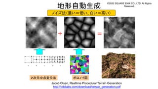 地形自動生成
Jacob Olsen, Realtime Procedural Terrain Generation
http://oddlabs.com/download/terrain_generation.pdf
２次元中点変位法 ボロノイ図
ノイズ法（濃い＝低い、白い＝高い）
＋ ＝
©2020 SQUARE ENIX CO., LTD. All Rights
Reserved.
 