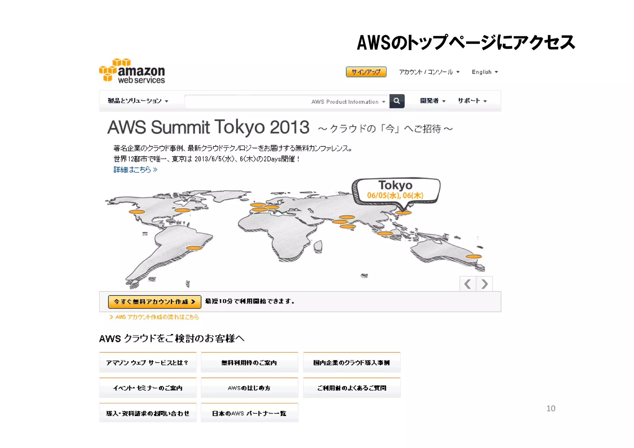 AWSのトップページにアクセス




            10
 