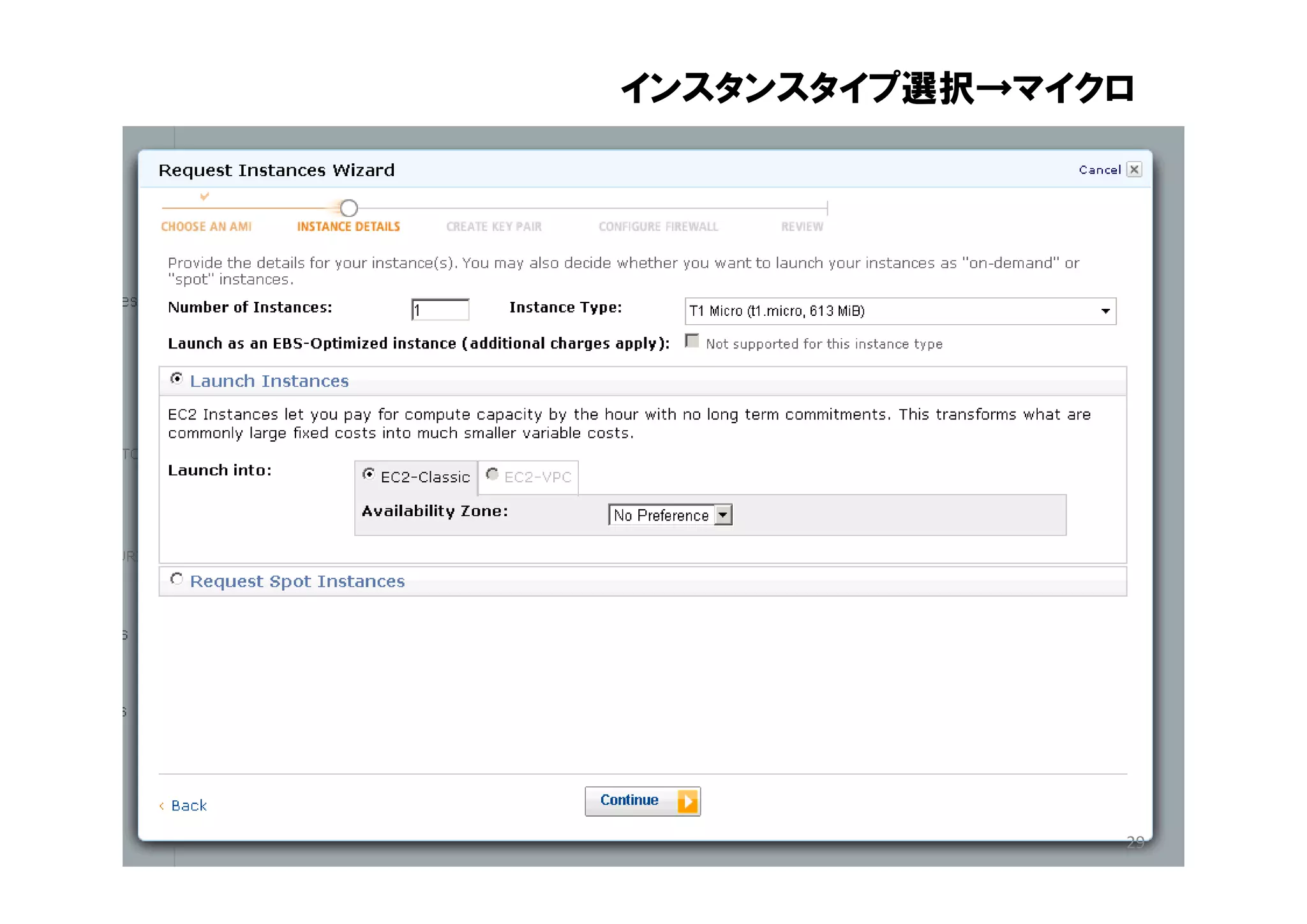 インスタンスタイプ選択→マイクロ




               29
 