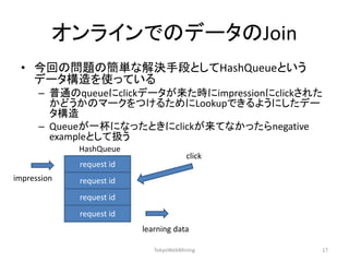 オンラインでのデータのJoin 
•今回の問題の簡単な解決手段としてHashQueueという データ構造を使っている 
–普通のqueueにclickデータが来た時にimpressionにclickされた かどうかのマークをつけるためにLookupできるようにしたデー タ構造 
–Queueが一杯になったときにclickが来てなかったらnegative exampleとして扱う 
TokyoWebMining 
17 
request id 
request id 
request id 
request id 
HashQueue 
impression 
learning data 
click  