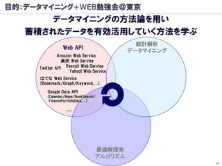 目的：データマイニング+WEB勉強会＠東京
       データマイニングの方法論を用い
   蓄積されたデータを有効活用していく方法を学ぶ
                                            統計解析
  ...