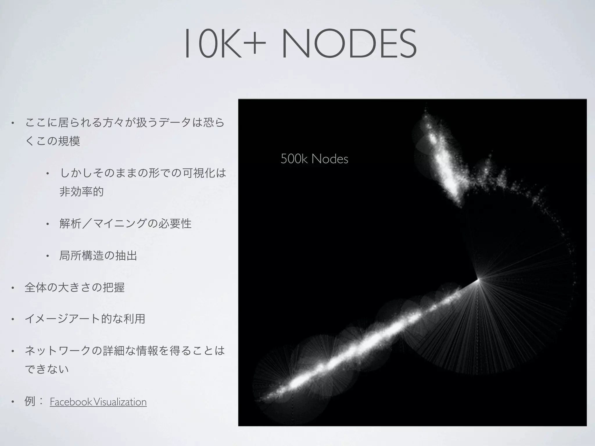 10K+ NODES
•



                                 500k Nodes
    •




    •


    •


•


•


•




•   Facebook Visualization
 