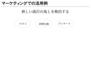 マーケティングでの活用例

     新しい流行の兆しを検出する


    口コミ   消費行動   アンケート
 
