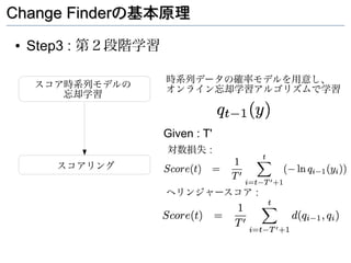 Change Finderの基本原理
●   Step3 : 第２段階学習

                     時系列データの確率モデルを用意し、
    スコア時系列モデルの       オンライン忘却学習アルゴリズムで学習
       忘却学習



                     Given : T'
                     対数損失 :
       スコアリング

                     ヘリンジャースコア :
 