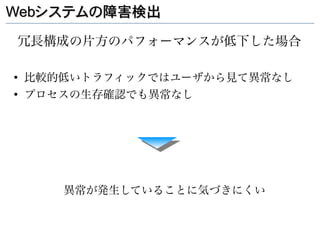 Webシステムの障害検出

冗長構成の片方のパフォーマンスが低下した場合

●
    比較的低いトラフィックではユーザから見て異常なし
●
    プロセスの生存確認でも異常なし




       異常が発生していることに気づきにくい
 