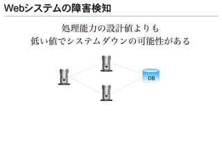 Webシステムの障害検知

     処理能力の設計値よりも
  低い値でシステムダウンの可能性がある


               DB
 