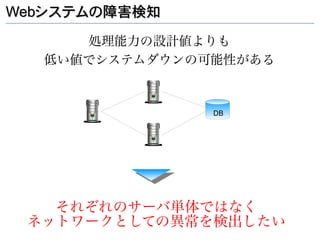 Webシステムの障害検知

     処理能力の設計値よりも
  低い値でシステムダウンの可能性がある


               DB




   それぞれのサーバ単体ではなく
 ネットワークとしての異常を検出したい
 