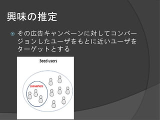 興味の推定
   その広告キャンペーンに対してコンバー
    ジョンしたユーザをもとに近いユーザを
    ターゲットとする
 