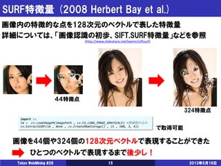 SURF特徴量 (2008 Herbert Bay et al.)
2013年5月18日Tokyo WebMining #26 15
画像内の特徴的な点を128次元のベクトルで表した特徴量
詳細については、「画像認識の初歩、SIFT,SURF特徴量」などを参照
(http://www.slideshare.net/lawmn/siftsurf)
４４特徴点
324特徴点
画像を44個や324個の128次元ベクトルで表現することができた
ひとつのベクトルで表現するまで後少し！
import cv
im = cv.LoadImageM(imagePath , cv.CV_LOAD_IMAGE_GRAYSCALE) #画像読み込み
cv.ExtractSURF(im , None , cv.CreateMemStorage() , (1 , 500, 3, 4))
で取得可能
 