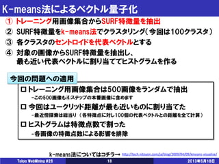 K-means法によるベクトル量子化
2013年5月18日Tokyo WebMining #26 18
http://tech.nitoyon.com/ja/blog/2009/04/09/kmeans-visualise/k-means法についてはコチラ→
 トレーニング用画像集合は500画像をランダムで抽出
-この500画像も④ステップの本番画像に含めます
 今回はユークリッド距離が最も近いものに割り当てた
-最近傍探索は総当り （各特徴点に対し100個の代表ベクトルとの距離を全て計算）
 ヒストグラムは特徴点数で割った
-各画像の特徴点数による影響を排除
今回の問題への適用
① トレーニング用画像集合からSURF特徴量を抽出
② SURF特徴量をk-means法でクラスタリング（今回は100クラスタ）
③ 各クラスタのセントロイドを代表ベクトルとする
④ 対象の画像からSURF特徴量を抽出し、
最も近い代表ベクトルに割り当ててヒストグラムを作る
 