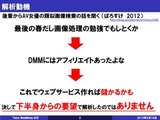 解析動機
2013年5月18日Tokyo WebMining #26 2
最後の春だし画像処理の勉強でもしとくか
後輩からAV女優の類似画像検索の話を聞く （ぱろすけ 2012）
DMMにはアフィリエイトあったよな
これでウェブサービス作れば儲かるかも
決して下半身からの要望で解析したのではありません
http://blog.parosky.net/archives/1506
 