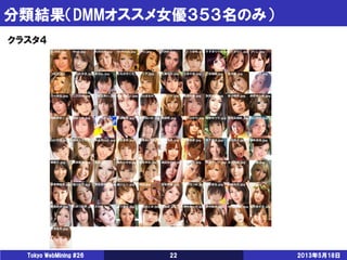 分類結果（DMMオススメ女優３５３名のみ）
2013年5月18日Tokyo WebMining #26 22
クラスタ４
 
