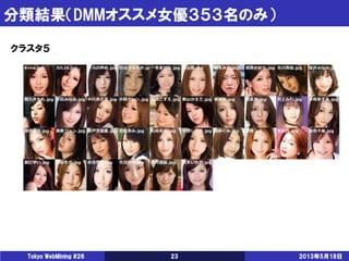 分類結果（DMMオススメ女優３５３名のみ）
2013年5月18日Tokyo WebMining #26 23
クラスタ５
 