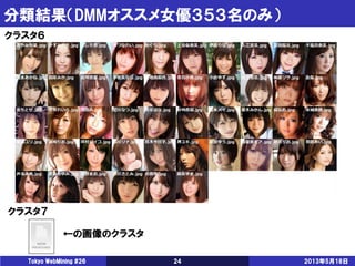 分類結果（DMMオススメ女優３５３名のみ）
2013年5月18日Tokyo WebMining #26 24
クラスタ６
クラスタ７
←の画像のクラスタ
 