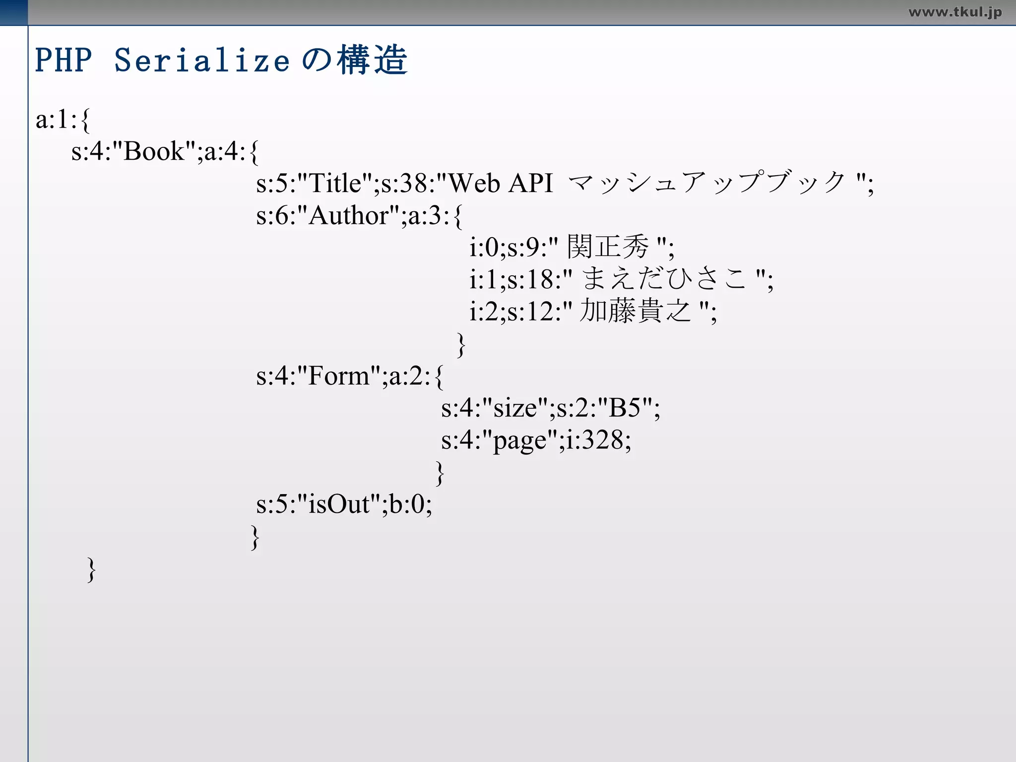 PHP Serialize の構造 a:1:{ s:4:&quot;Book&quot;;a:4:{ s:5:&quot;Title&quot;;s:38:&quot;Web API  マッシュアップブック &quot;; s:6:&quot;Author&quot;;a:3:{ i:0;s:9:&quot; 関正秀 &quot;; i:1;s:18:&quot; まえだひさこ &quot;; i:2;s:12:&quot; 加藤貴之 &quot;; } s:4:&quot;Form&quot;;a:2:{ s:4:&quot;size&quot;;s:2:&quot;B5&quot;; s:4:&quot;page&quot;;i:328; } s:5:&quot;isOut&quot;;b:0; } } 