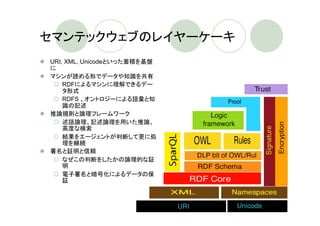 セマンテックウェブのレイヤーケーキ
URI, XML, Unicodeといった蓄積を基盤
に
マシンが読める形でデータや知識を共有
    RDFによるマシンに理解できるデー
    タ形式
    RDFS 、オントロジーによる語彙と知
    識の記述
推論規則と論理フレームワーク
    述語論理、記述論理を用いた推論、
    高度な検索
    結果をエージェントが判断して更に処
    理を継続
署名と証明と信頼
    なぜこの判断をしたかの論理的な証
    明
    電子署名と暗号化によるデータの保
    証
 