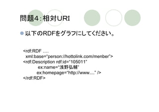 問題４：相対ＵＲＩ

以下のRDFをグラフにしてください。

<rdf:RDF ….
 xml:base=“person://hottolink.com/menber”>
<rdf:Description rdf:id=“105011”
       ex:name=“浅野弘輔”
       ex:homepage=“http://www....” />
</rdf:RDF>
 