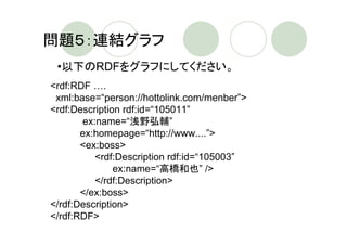 問題５：連結グラフ
 •以下のRDFをグラフにしてください。
<rdf:RDF ….
 xml:base=“person://hottolink.com/menber”>
<rdf:Description rdf:id=“105011”
       ex:name=“浅野弘輔”
       ex:homepage=“http://www....”>
       <ex:boss>
          <rdf:Description rdf:id=“105003”
               ex:name=“高橋和也” />
          </rdf:Description>
       </ex:boss>
</rdf:Description>
</rdf:RDF>
 