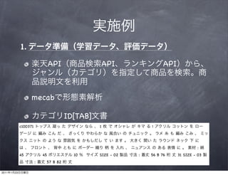 1.

                                   API                 API               API



                      mecab

                                         ID[TAB]
                c100371                            1               !




                                                                                        :
                45            45           10      SIZE - 02   :   56 B 76     31 SIZE - 03
                          :    57 B 82

2011   1   23
 