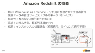 110
Amazon Redshift の概要
• Data Warehouse as a Service – 分析用に整理された大量の統合
業務データの管理サービス（フルマネージドサービス）
• 拡張性：数百GB〜数PBまで拡張可能
• 高速：カラムナ型、超並列演算(MPP)
• 低額：インスタンスの従量課金（初期費用、ライセンス費用不要）
 