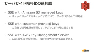 サーバサイド暗号化の選択肢
• SSE with Amazon S3 managed keys
– チェックボックスをチェックするだけで、データは安心して暗号化
• SSE with customer provided keys
– ご自身で暗号化鍵を管理して、PUTやGETの時に適応する
• SSE with AWS Key Management Service
– AWS KMSが中央管理し、権限管理や利用の監査ができる
 
