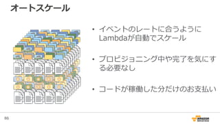 86
オートスケール
• イベントのレートに合うように
Lambdaが自動でスケール
• プロビジョニング中や完了を気にす
る必要なし
• コードが稼働した分だけのお支払い
 