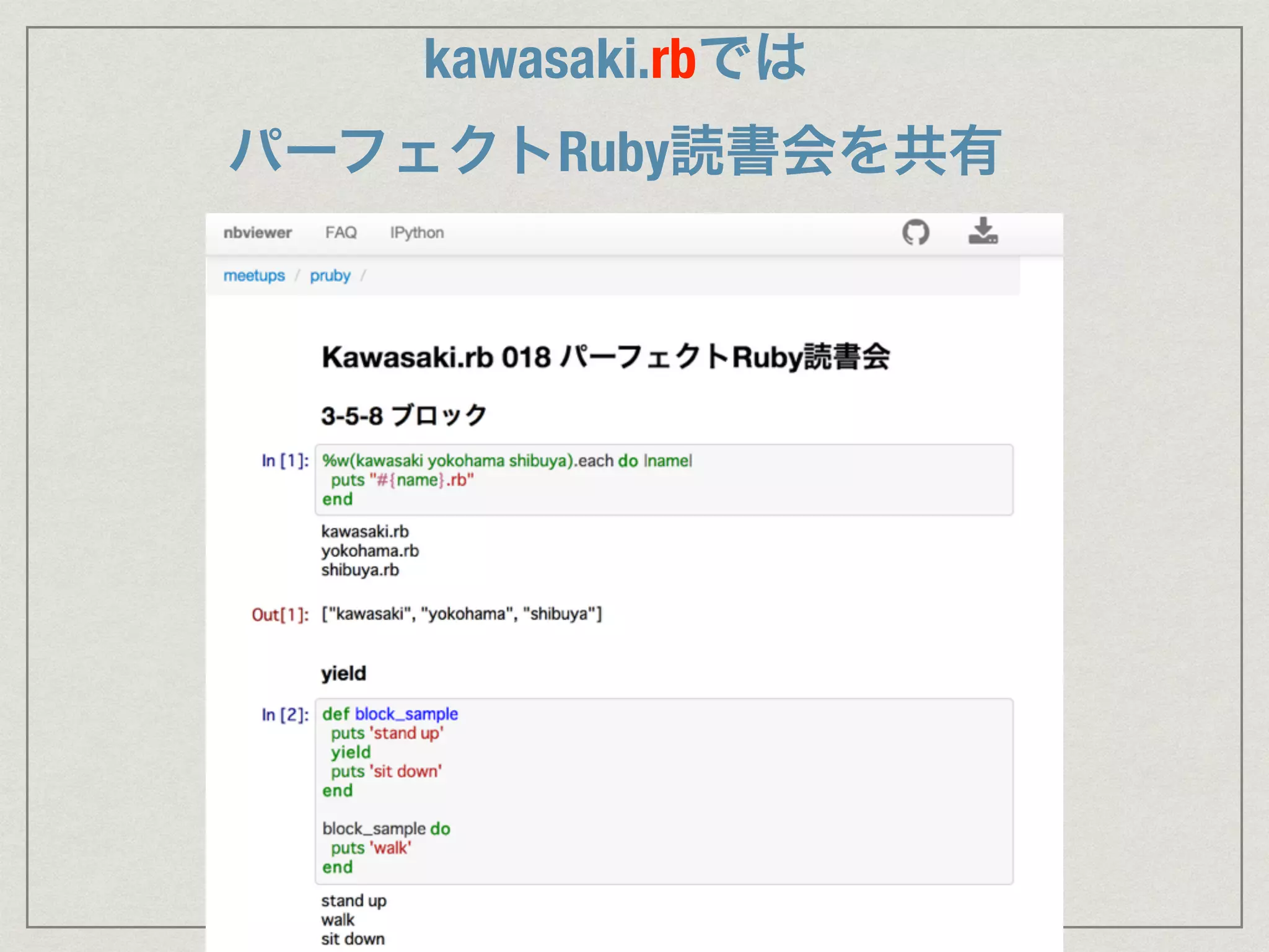 kawasaki.rbでは 
パーフェクトRuby読書会を共有 
 