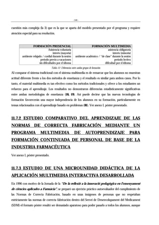 - 510 -
cuestión más compleja (la 3) que es la que se aparta del modelo presentado por el programa y requiere
atención especial para su resolución.
FORMACIÓN PRESENCIAL FORMACIÓN MULTIMEDIA
Asistencia voluntaria
interés (mayoría)
ambiente relajado / cordial durante la sesión
periodo previo a vacaciones
sin dificultades por el idioma
asistencia obligatoria
interés (minoría)
ambiente académico / “de clase” durante la sesión
periodo lectivo
dificultad por el idioma
Tabla 12: Diferencias entre ambos grupos de formación
Al comparar el sistema tradicional con el sistema multimedia es de remarcar que los alumnos no muestran
actitud diferente frente a los dos métodos de enseñanza y el resultado es similar para ambos casos. Por lo
tanto, el material multimedia es tan efectivo como los métodos tradicionales y ofrece a los estudiantes un
refuerzo para el aprendizaje. Los resultados no demostraron diferencias estadísticamente significativas
entre ambas metodologías de enseñanza (18, 19). Así puede decirse que las nuevas tecnologías de
formación favorecerán una mayor independencia de los alumnos en su formación, particularmente en
temas relacionados con el aprendizaje basado en problemas (81). Ver anexo I, póster presentado.
11.7.2 ESTUDIO COMPARATIVO DEL APRENDIZAJE DE LAS
NORMAS DE CORRECTA FABRICACIÓN MEDIANTE UN
PROGRAMA MULTIMEDIA DE AUTOPRENDIZAJE PARA
FORMACIÓN CONTINUADA DE PERSONAL DE BASE DE LA
INDUSTRIA FARMACÉUTICA
Ver anexo I, póster presentado.
11.7.3 ESTUDIO DE UNA MICROUNIDAD DIDÁCTICA DE LA
APLICACIÓN MULTIMEDIA INTERACTIVA DESARROLLADA
En 1996 con motivo de la Jornada de la “De la reflexió a la innovació pedagògica en l’ensenyament
de ciències aplicades a Farmàcia”, se preparó un ejercicio práctico autoevaluador del cumplimiento de
las Normas de Correcta Fabricación, basado en unas imágenes de personas que no respetaban
estrictamente las normas de correcta fabricación dentro del Servei de Desenvolupament del Medicament
(SDM) el formato póster resultó ser demasiado aparatoso para poder pasarlo a todos los alumnos, aunque
 