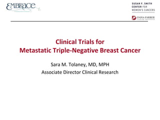 Clinical Trials for
Metastatic Triple-Negative Breast Cancer
Sara M. Tolaney, MD, MPH
Associate Director Clinical Research
 