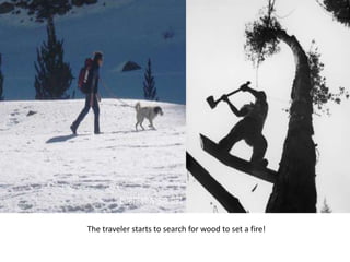 The traveler starts to search for wood to set a fire!
 