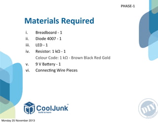 i. Breadboard	
  -­‐	
  1
ii. Diode	
  4007	
  -­‐	
  1
iii. LED	
  -­‐	
  1
iv. Resistor:	
  1	
  kΩ	
  -­‐	
  1
	
  	
  	
  	
  	
  	
   Colour	
  Code:	
  1	
  kΩ	
  -­‐	
  Brown	
  Black	
  Red	
  Gold
v.	
  	
   9	
  V	
  BaRery	
  -­‐	
  1
vi.	
  	
   Connec:ng	
  Wire	
  Pieces
Materials	
  Required
PHASE-­‐1
Monday 25 November 2013
 