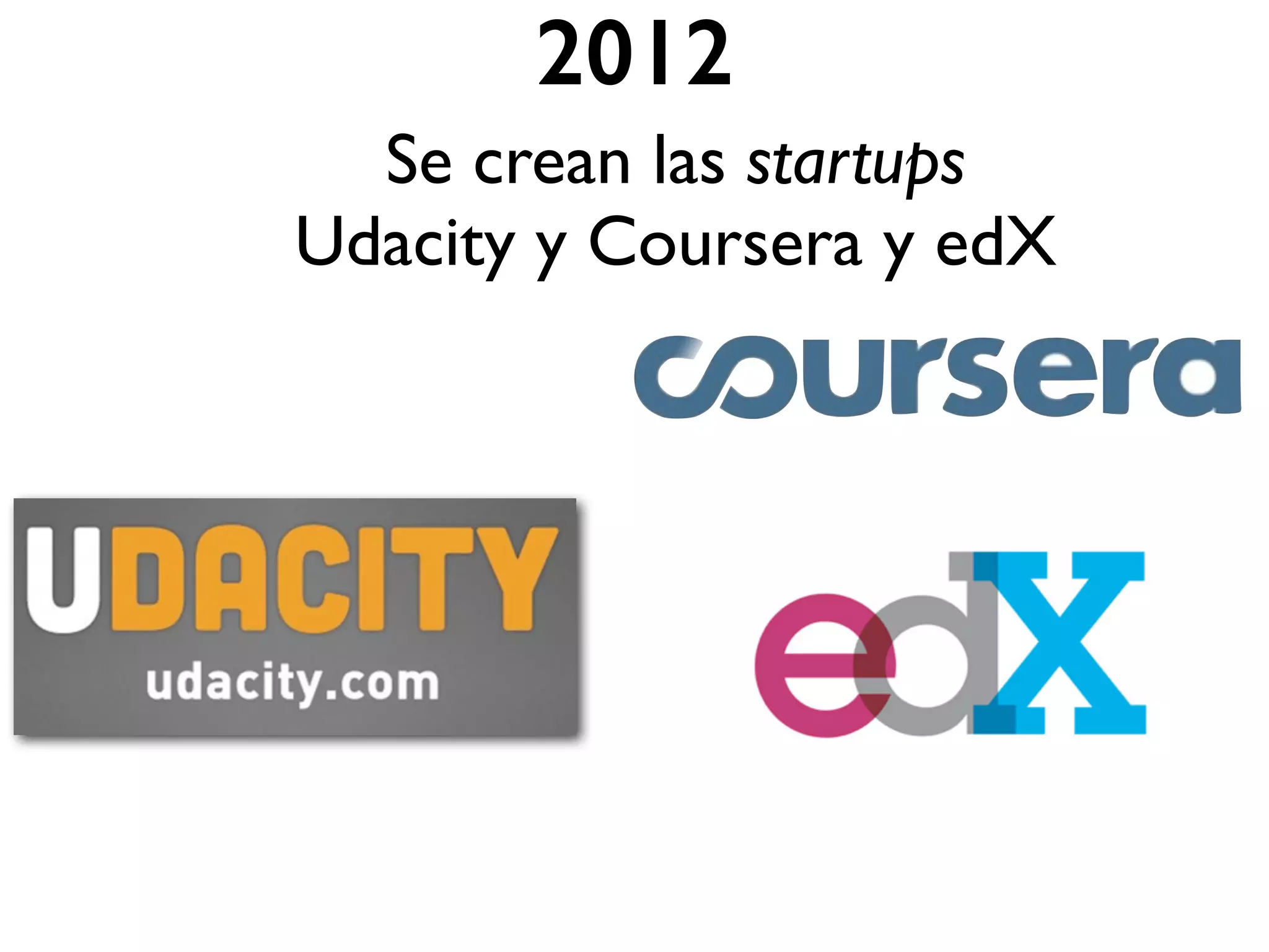 2012
Se crean las startups
Udacity y Coursera y edX
 