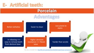 “ ”
“Better esthetics” “Easier to clean”
“Less prone to
stains”
“In rebasing >>>
easy to remove teeth
from denture base “
“Higher abrasion
resistance >>> Resist
wear”
“harder than acrylic”
“Files.sld.cu. Available from: http://files.sld.cu/protesis/files/2018/06/chapter4major-connectors.pdf”
 