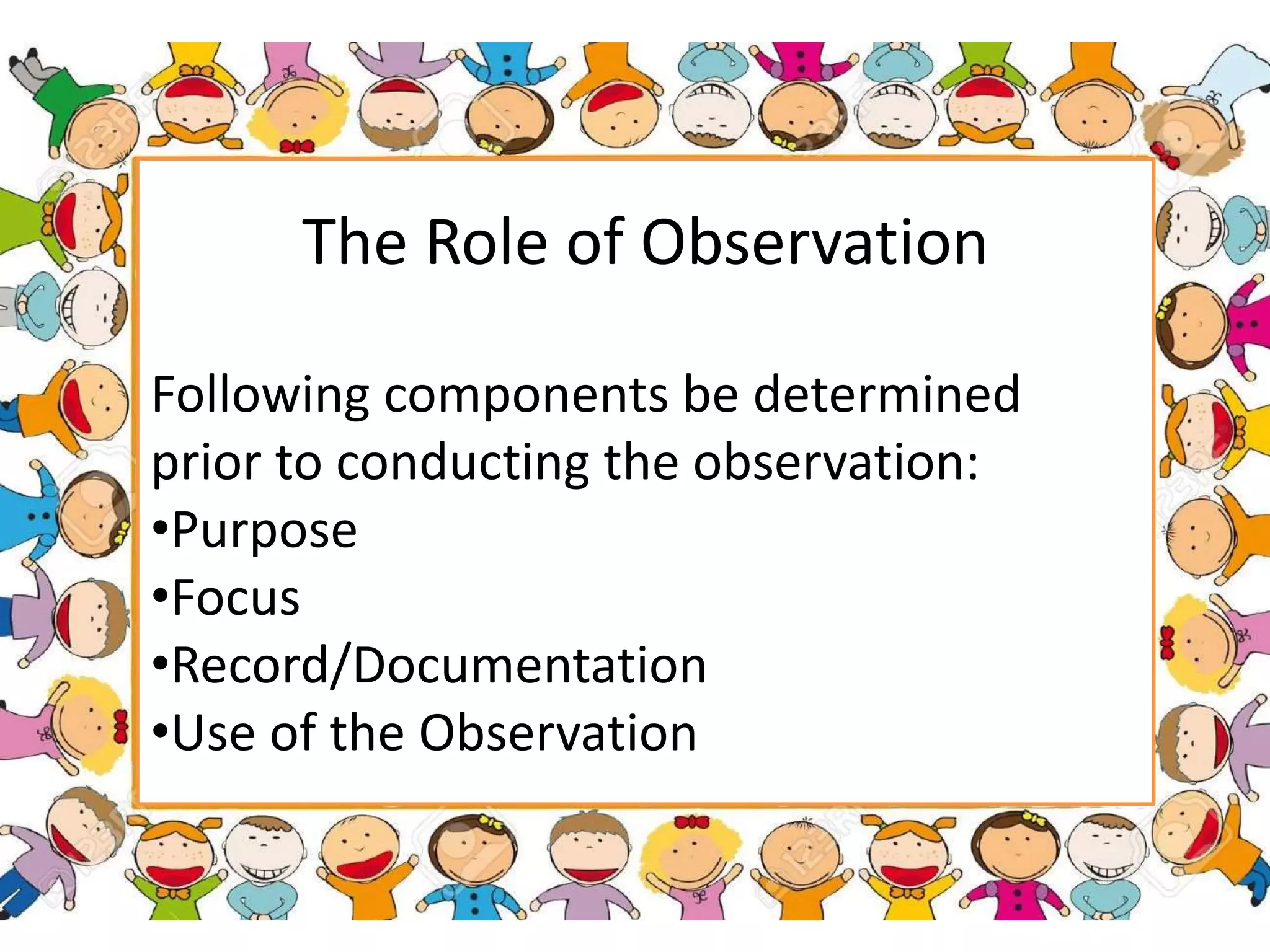 The Role of Observation
Following components be determined
prior to conducting the observation:
•Purpose
•Focus
•Record/Documentation
•Use of the Observation
 