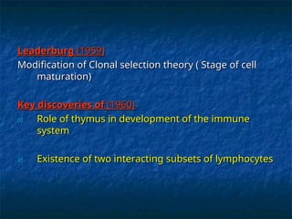 Leaderburg
Leaderburg (1959)
(1959)
Modification of Clonal selection theory ( Stage of cell
Modification of Clonal selection theory ( Stage of cell
maturation)
maturation)
Key discoveries of
Key discoveries of (1960)
(1960)
a)
a) Role of thymus in development of the immune
Role of thymus in development of the immune
system
system
a)
a) Existence of two interacting subsets of lymphocytes
Existence of two interacting subsets of lymphocytes
 