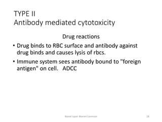Drug reactions
• Drug binds to RBC surface and antibody against
drug binds and causes lysis of rbcs.
• Immune system sees antibody bound to "foreign
antigen" on cell. ADCC
TYPE II
Antibody mediated cytotoxicity
Based Upon Warren Levinson 18
 