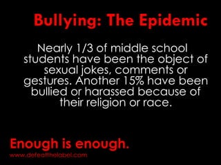 Bullying: The Epidemic
Nearly 1/3 of middle school
students have been the object of
sexual jokes, comments or
gestures. Another 15% have been
bullied or harassed because of
their religion or race.
Enough is enough.
www.defeatthelabel.com
 