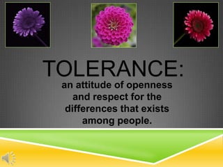 TOLERANCE:
 an attitude of openness
    and respect for the
  differences that exists
      among people.
 