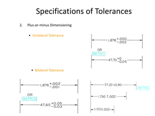 Specifications of Tolerances
2. Plus-or-minus Dimensioning
• Unilateral Tolerance
• Bilateral Tolerance
 