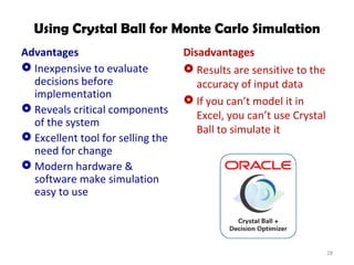 Using Crystal Ball for Monte Carlo Simulation Advantages Inexpensive to evaluate decisions before implementation Reveals critical components of the system Excellent tool for selling the need for change Modern hardware & software make simulation easy to use Disadvantages Results are sensitive to the accuracy of input data If you can’t model it in Excel, you can’t use Crystal Ball to simulate it 